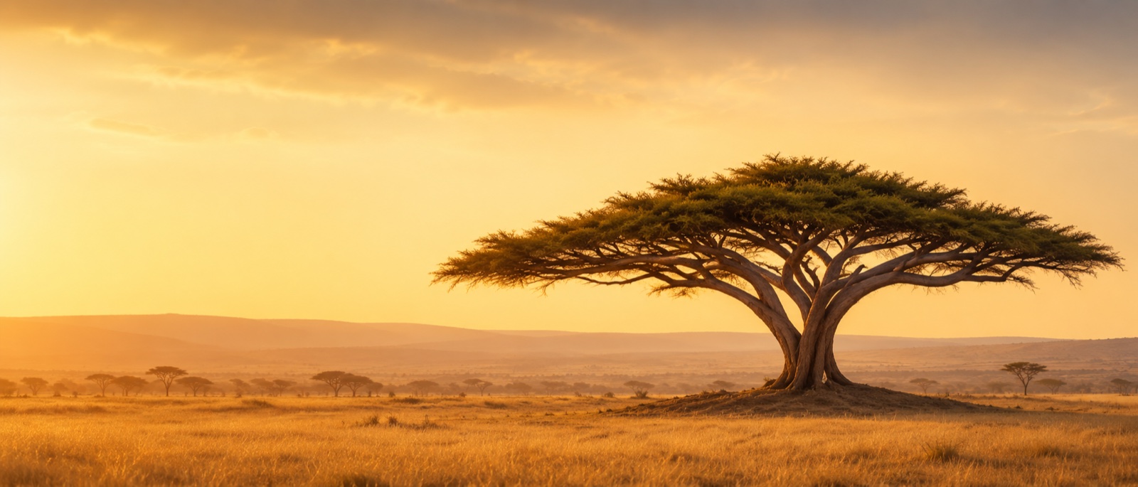 Golden-hour landscape with a broad tree canopy
