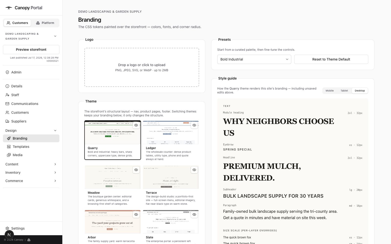Canopy's branding controls: colors, fonts, and corner style with a live preview