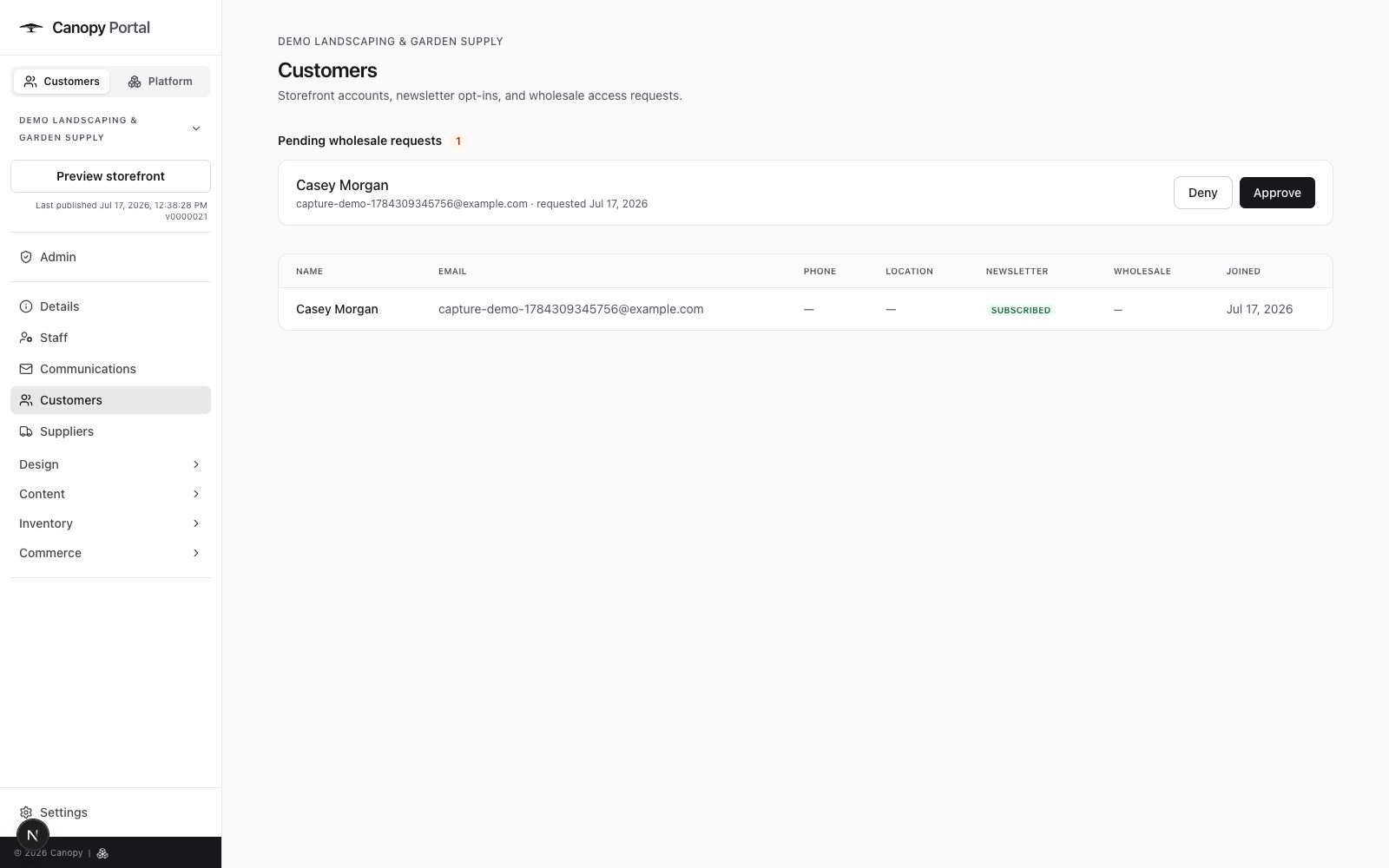Canopy's customer list with a pending wholesale access request awaiting a decision