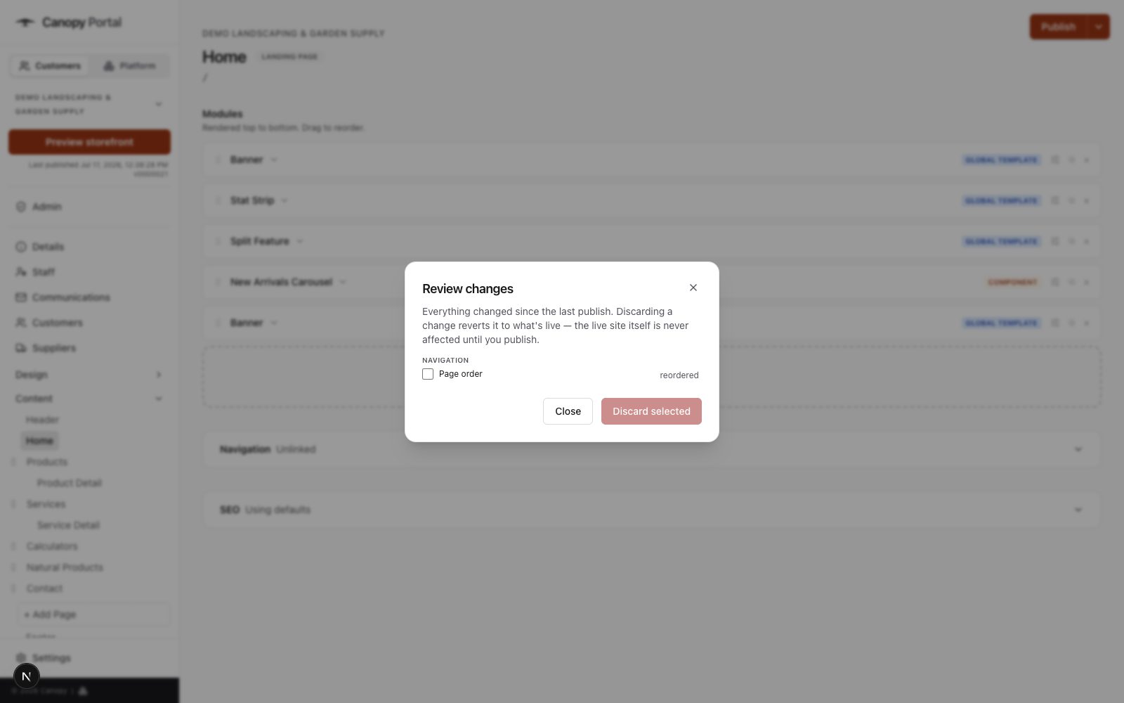 Canopy's review-changes screen listing staged drafts before publishing