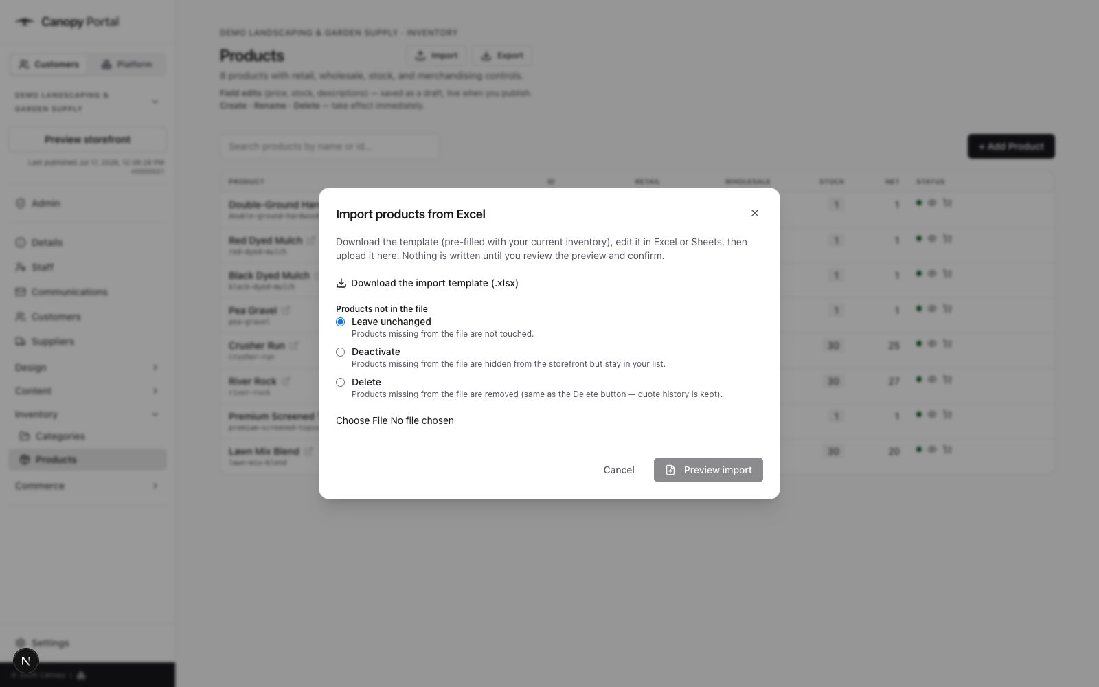 Canopy's catalog import screen with a downloadable spreadsheet template