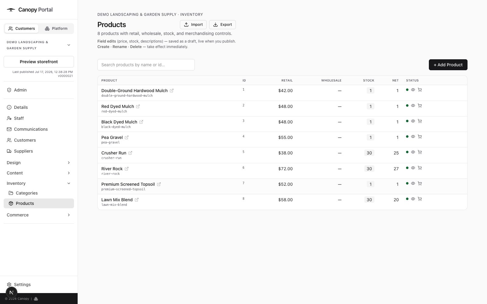 The Canopy inventory table with stock levels and product status