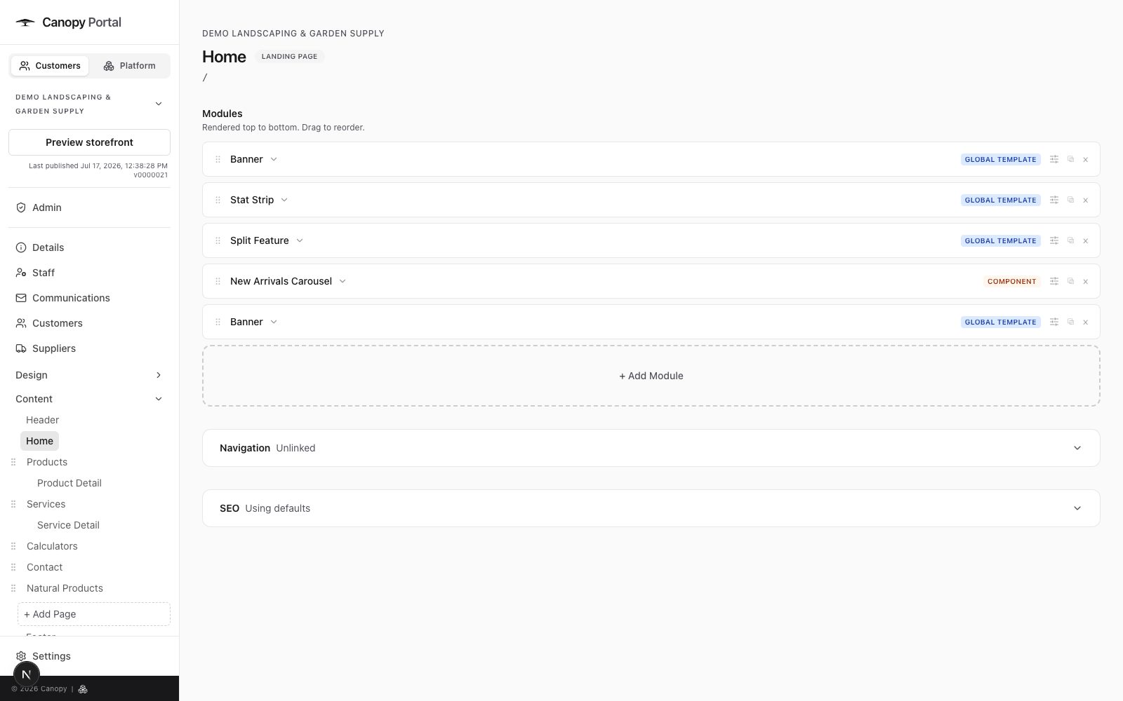 Canopy's page editor with placed modules and a live storefront preview