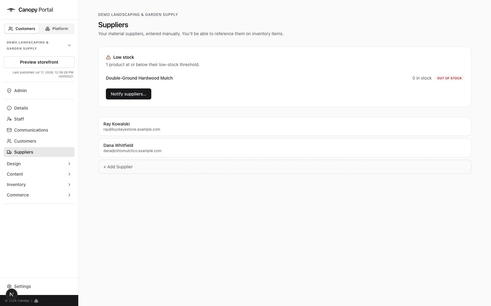 Canopy's low-stock alerts with supplier reorder controls