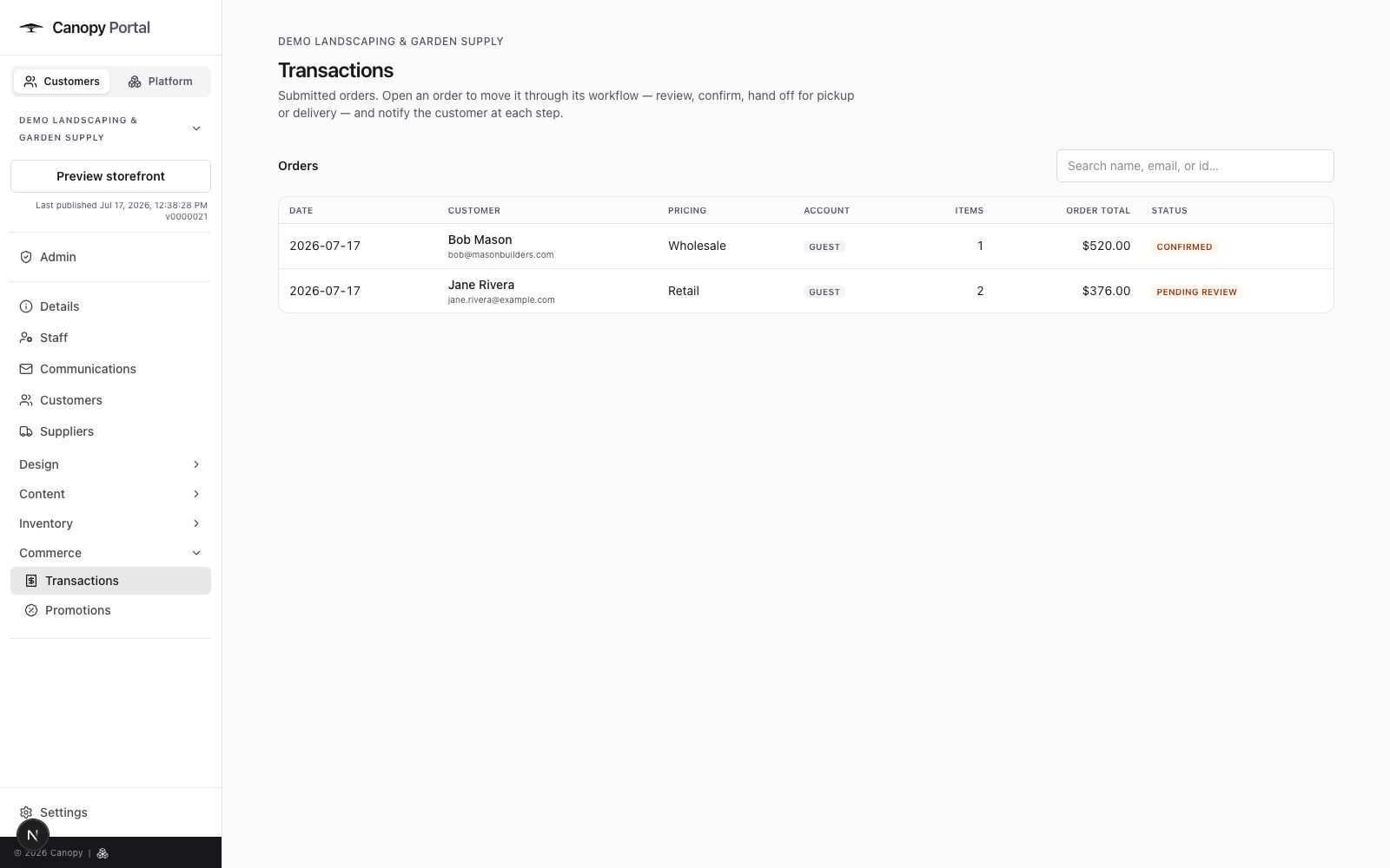 The Canopy transactions view tracking quotes through review and fulfillment