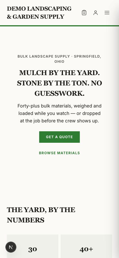 A Canopy landscape-supply storefront on a phone with a thumb-sized quote button