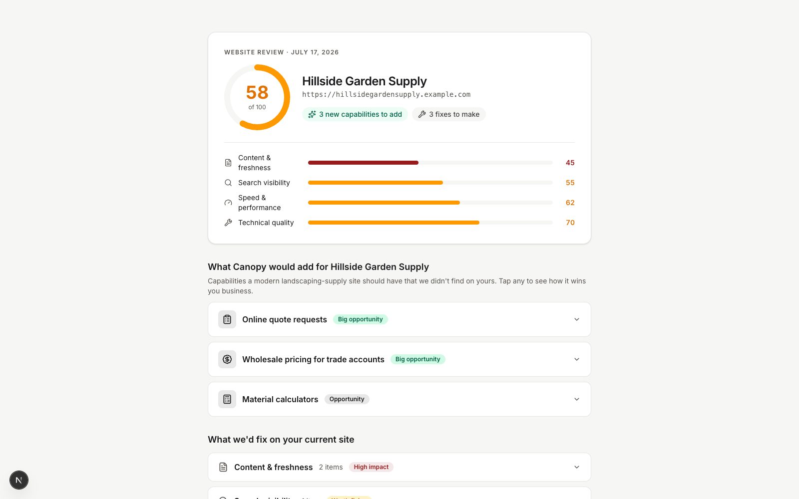 A Canopy website review report scoring a prospect's existing site across categories
