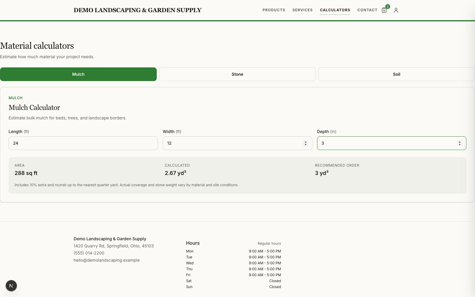 A built-in material calculator on a Canopy storefront with a computed result