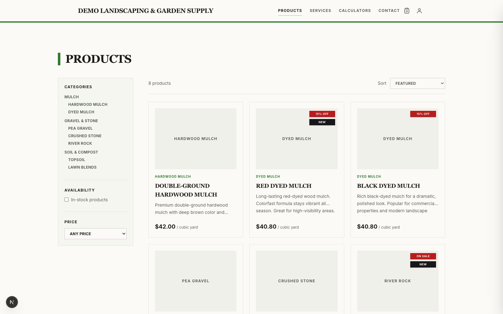 A Canopy storefront product listing with category filters and automatic sale tags
