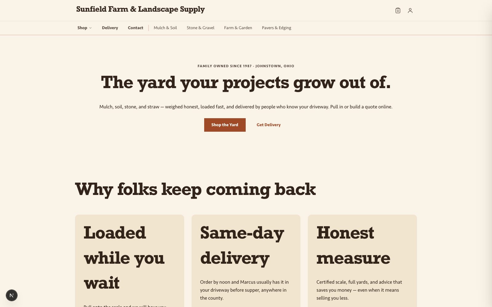 A friendly family supply-yard storefront on the Arbor theme