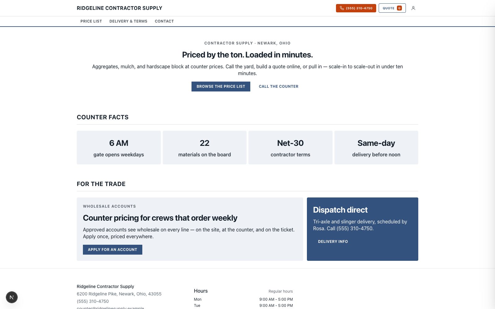A no-nonsense wholesale-counter storefront on the Ledger theme