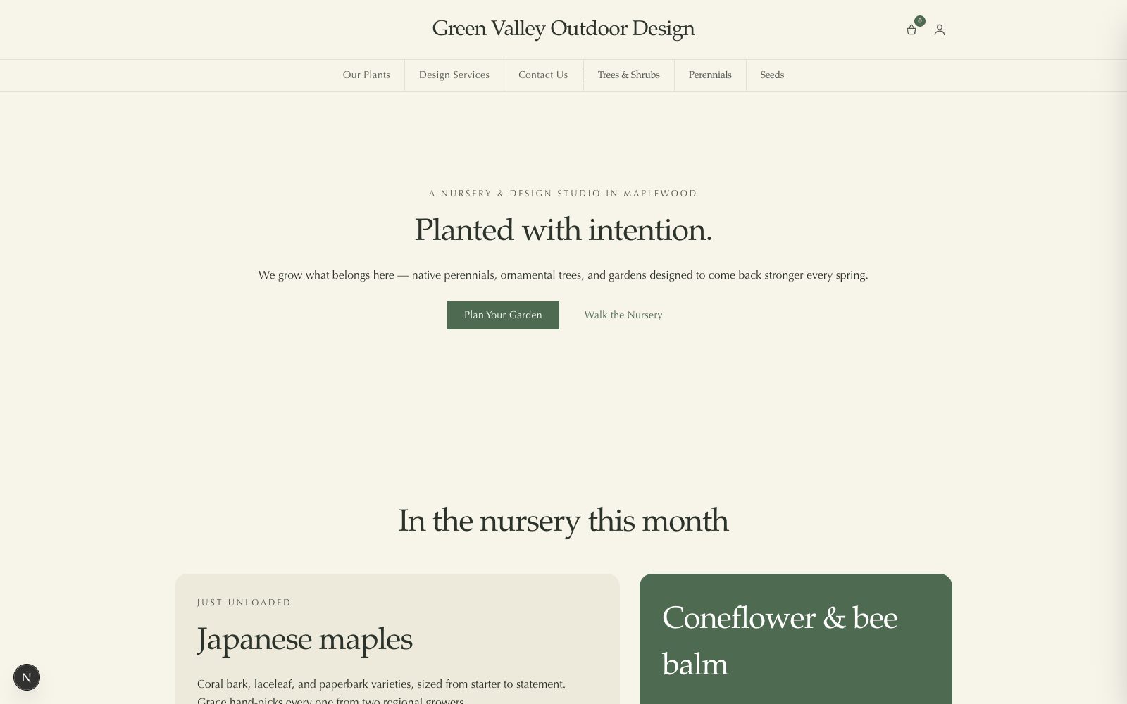 A warm botanical nursery storefront on the Meadow theme