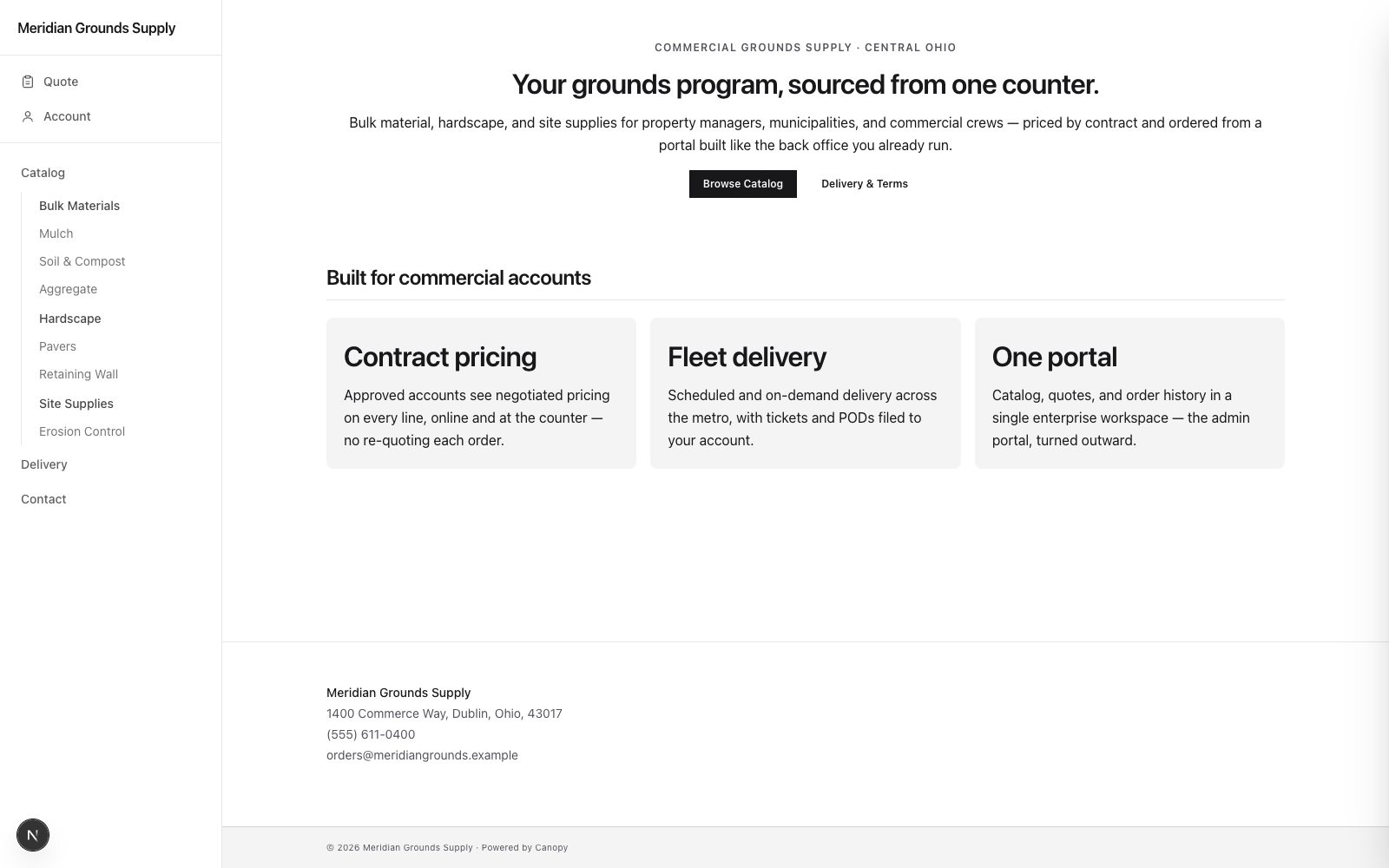An enterprise portal-style storefront with sidebar navigation on the Slate theme